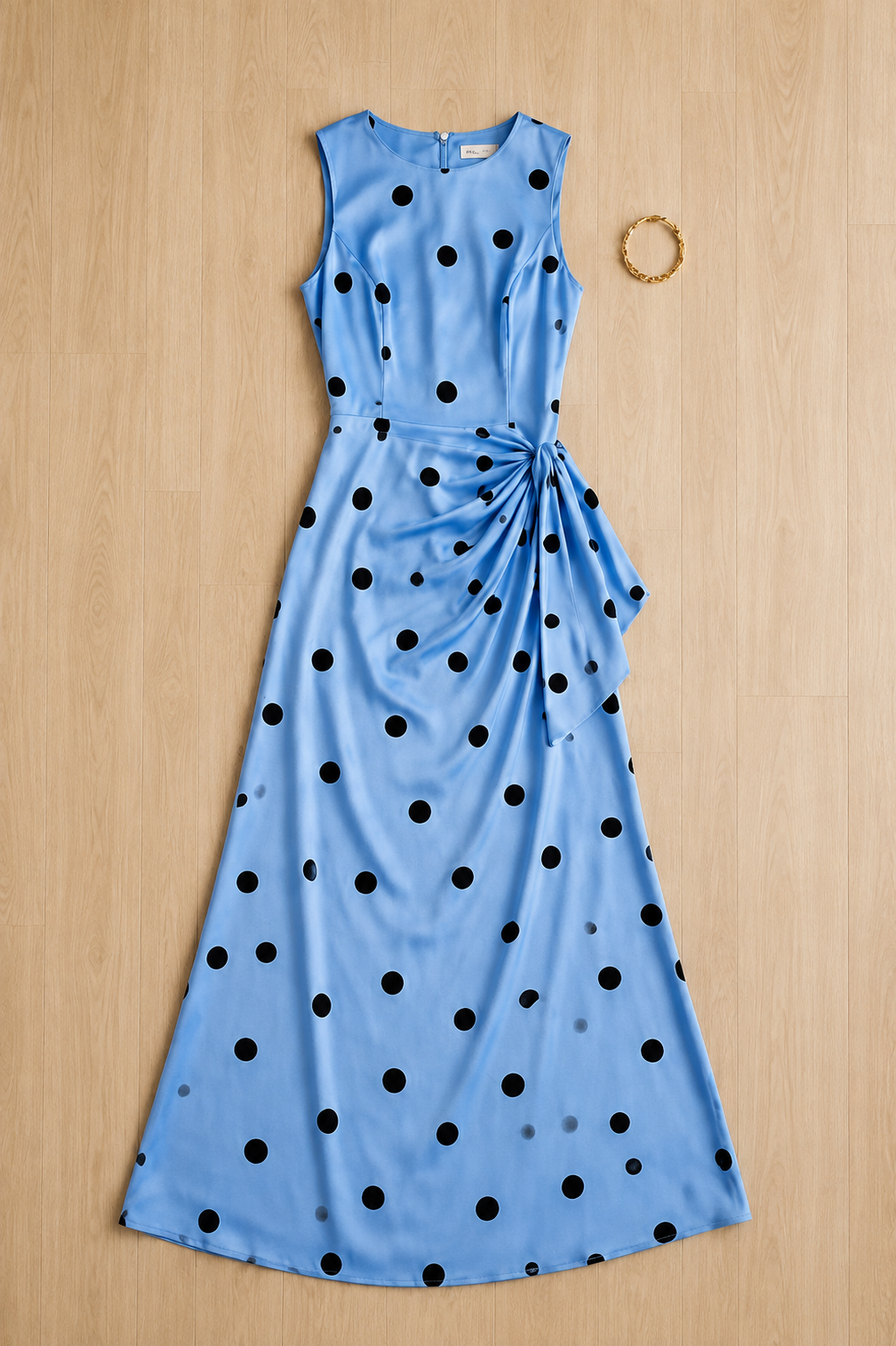 Sky Blue Polka Dot Satin Maxi Dress
