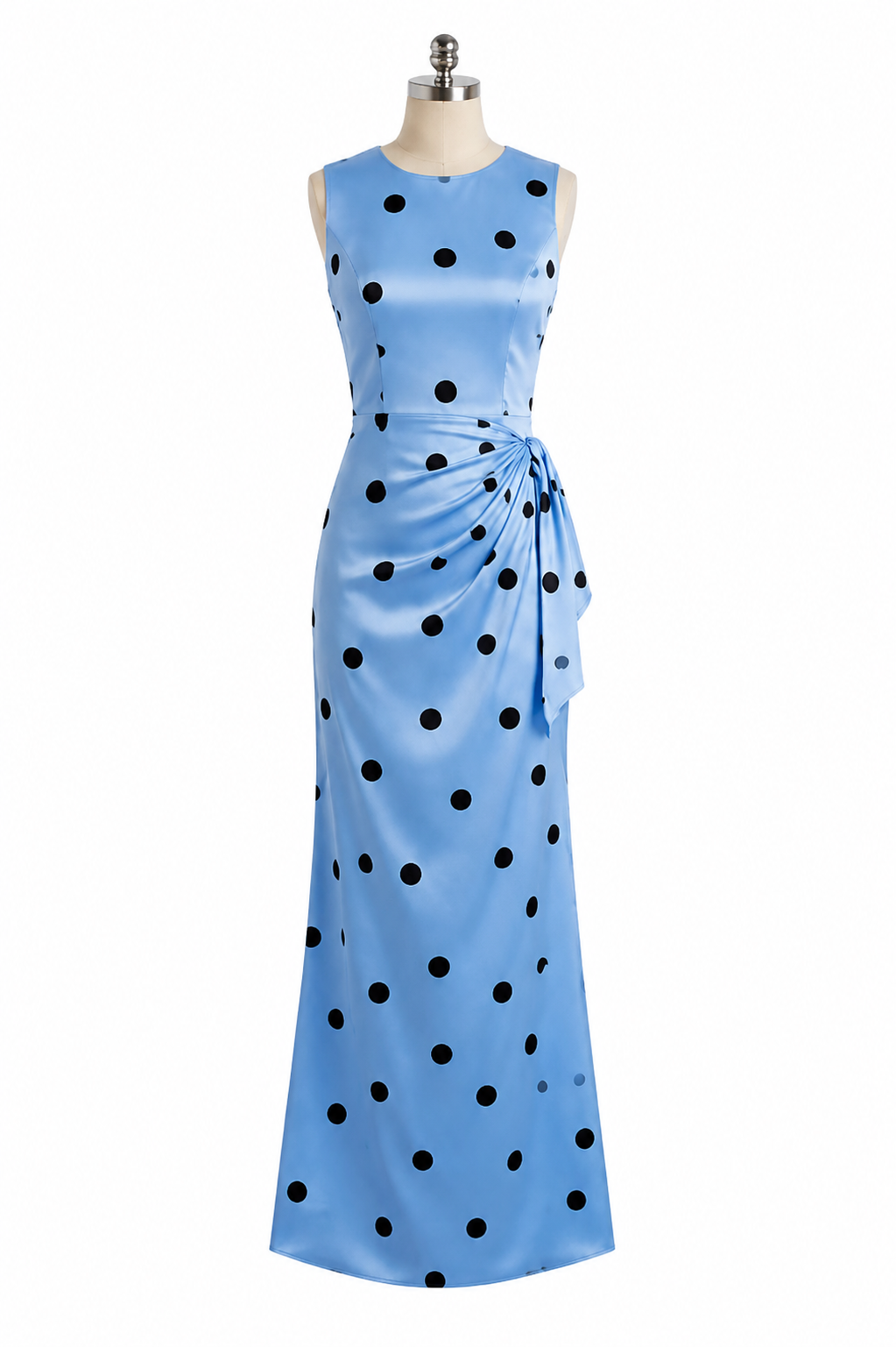 Sky Blue Polka Dot Satin Maxi Dress