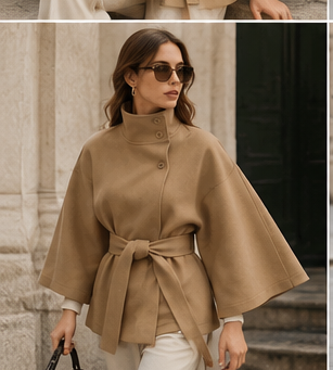 Women's Elegant Cape Coat with High Neck &amp; Adjustable Belt | 5 Colors