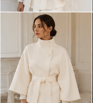 Women's Elegant Cape Coat with High Neck &amp; Adjustable Belt | 5 Colors